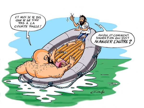 dessin de deux hommes à la dérive sur un bateau pneumatique tire à la courte paille
