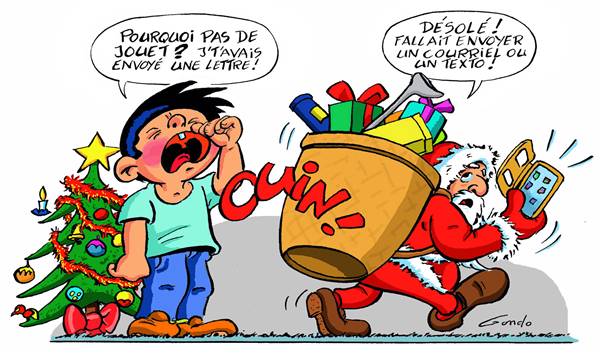 dessin d'un enfant qui pleure car le Père Noël s'en va sans lui avoir donné de jouet