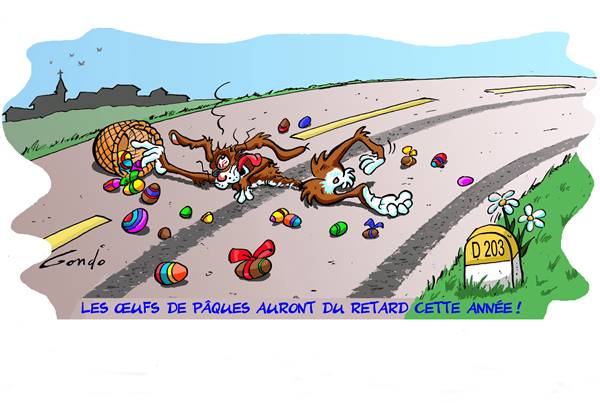 dessin du lièvre de paque écrasé sur la route avec autour de lui ses crottes au chocolat sorties de son panier