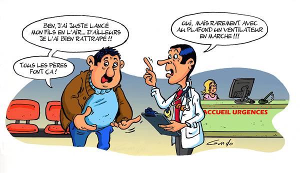 dessin de deux hommes dont l'un est médecin discutent dans la salle d'accueil d'urgences d'un hopital