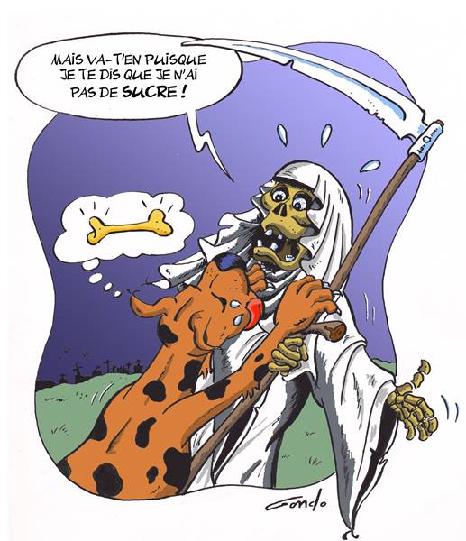 la faucheuse attaquée par un gros chien qui lui veut un os