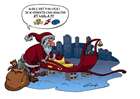 dessin du pere noel dans une cite qui retrouve apres sa tournee son traineau sur des parpins