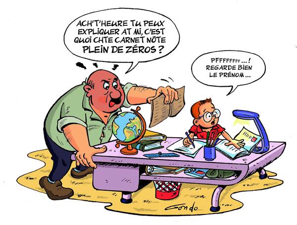 dessin d'un père qui crie sur son fils pour son carnet de note et qui est entrain de faire ses devoirs sur son bureau