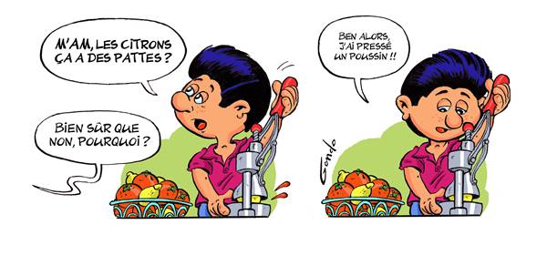 dessin en deux images d'un enfant qui presse un poussin au lieu d'un citron