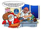 dessin du pere noel bloque par un douanier qui lui reclame les factures de ses jouets éparpilles sur le bureau de la douane