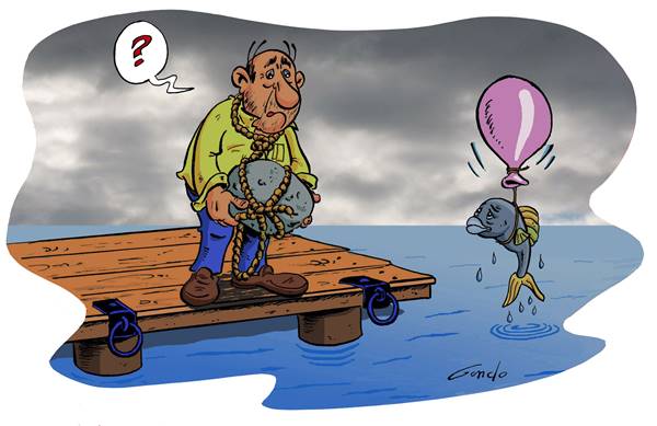 dessin d'un homme sur un ponton avec une grosse pierre autour du coup veut se sucider