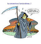 dessin de la faucheuse pres d'un village porte un masque sur le nez contre le coronavirus