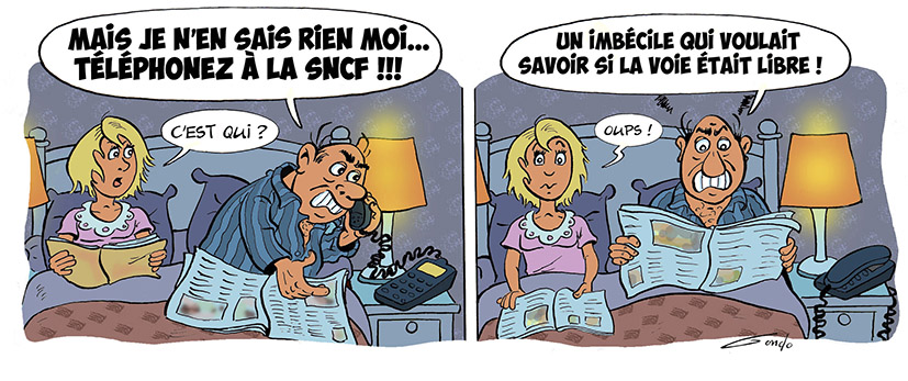 dessin d'un couple dans leur lit qui sont dérangés par la sonnerie du téléphone