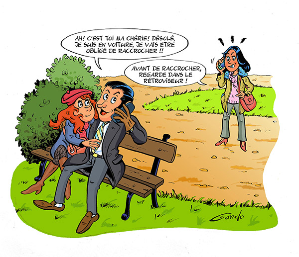 dessin de deux amants assit sur un banc dans un square avec derrière eux la femme du mari