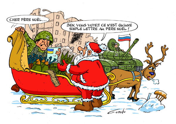 dessin du Père Noël avec son traineau plein d'armes est contôlé par l'armée russe