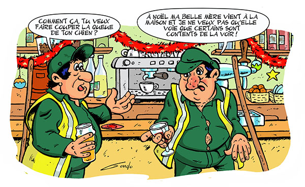 dessin de deux employés de la ville avec leurs balais qui parle peès au comptoir d'un bistro