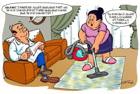 dessin d'un homme qui lit tranquillement son journal pendant que sa femme passe l'aspirateur