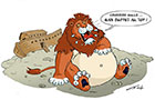 dessin d'un lion assis au sol avec un énorme ventre devant l'arche echouée de Noé